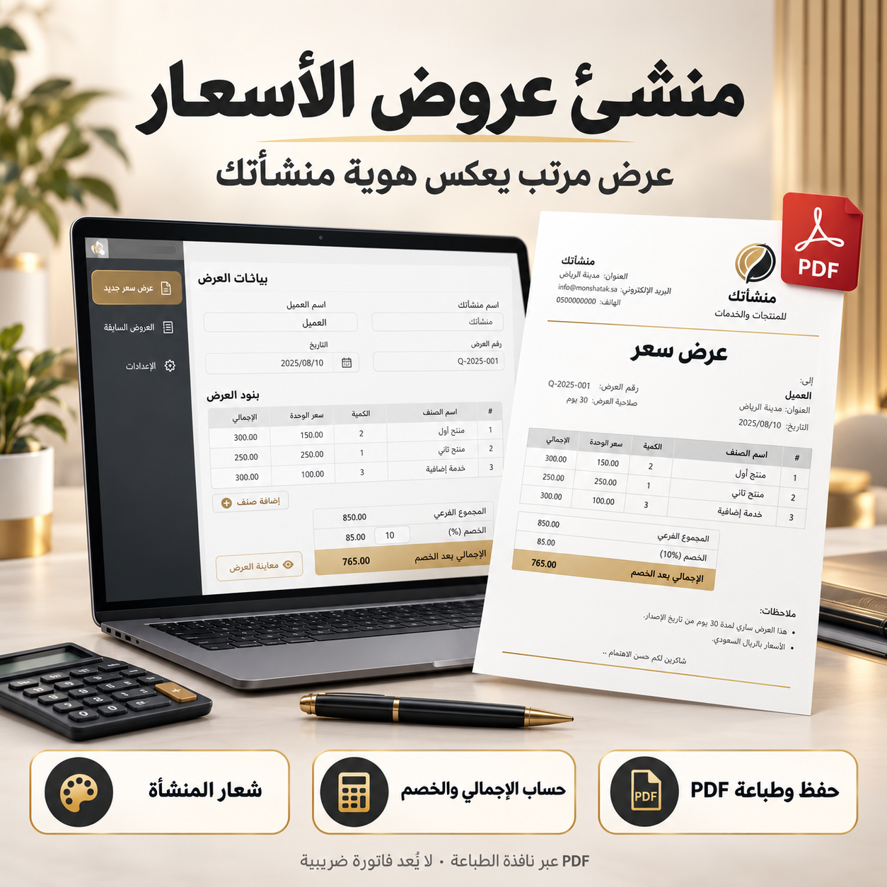 منشئ عروض الأسعار - بشعار منشأتك وحفظ PDF